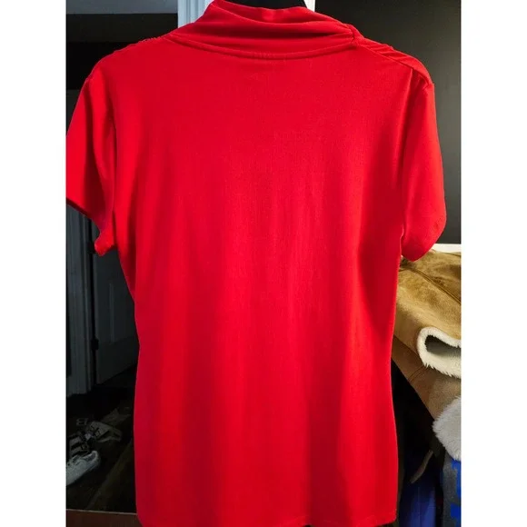 Women's Red Faux Wrap Short Sleeve Draped Neckline Top Blouse - Picture 2 of 3